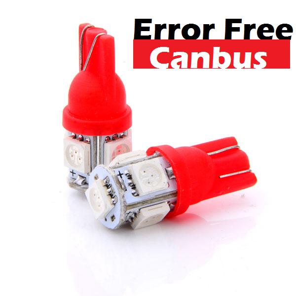 LED auto žiarovka T10 5 X SMD 5050 Canbus resistor,red